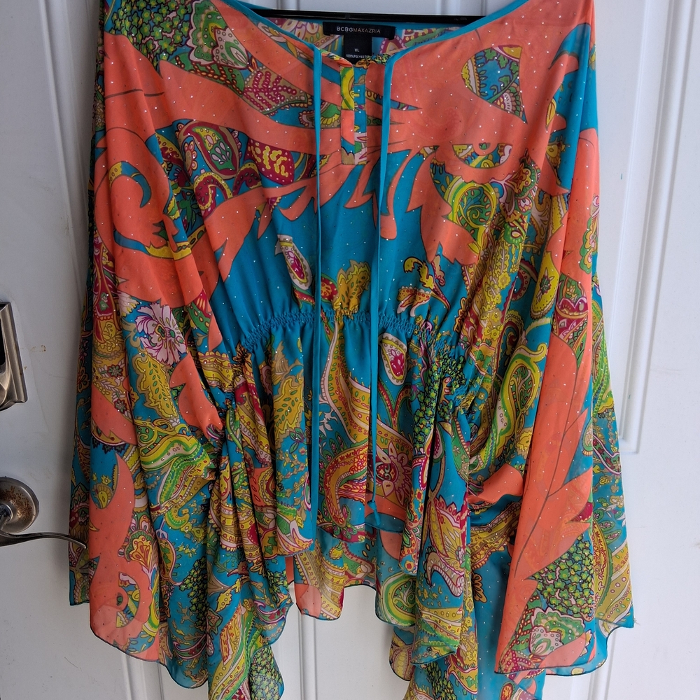 BCBGMaxAzria Turquoise & Coral Paisley Blouse with Tie Neck